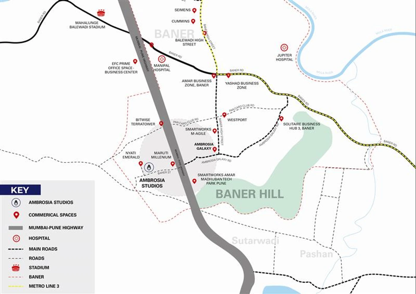 Location map showing Ambrosia Studios and nearby landmarks in Baner