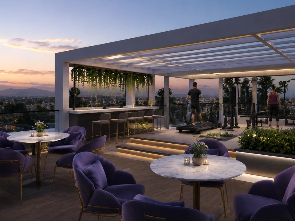 Rooftop amenities with cafeteria and gym
